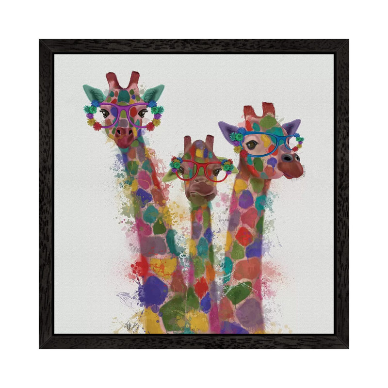 Rainbow Splash Giraffe Trio by Splash Giraffe Trio - Wrapped Canvas Print, Black Framed, 30.48 cm H x 30.48 cm W