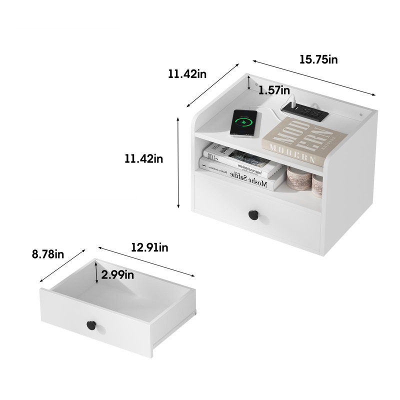 White Wood Floating Nightstand Set with Drawer and Shelf