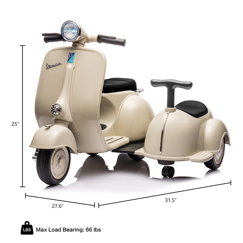 Moto homologuée Vespa à trois roues avec voiture latérale et haut-parleur, lecteur de musique, lumières, Beige