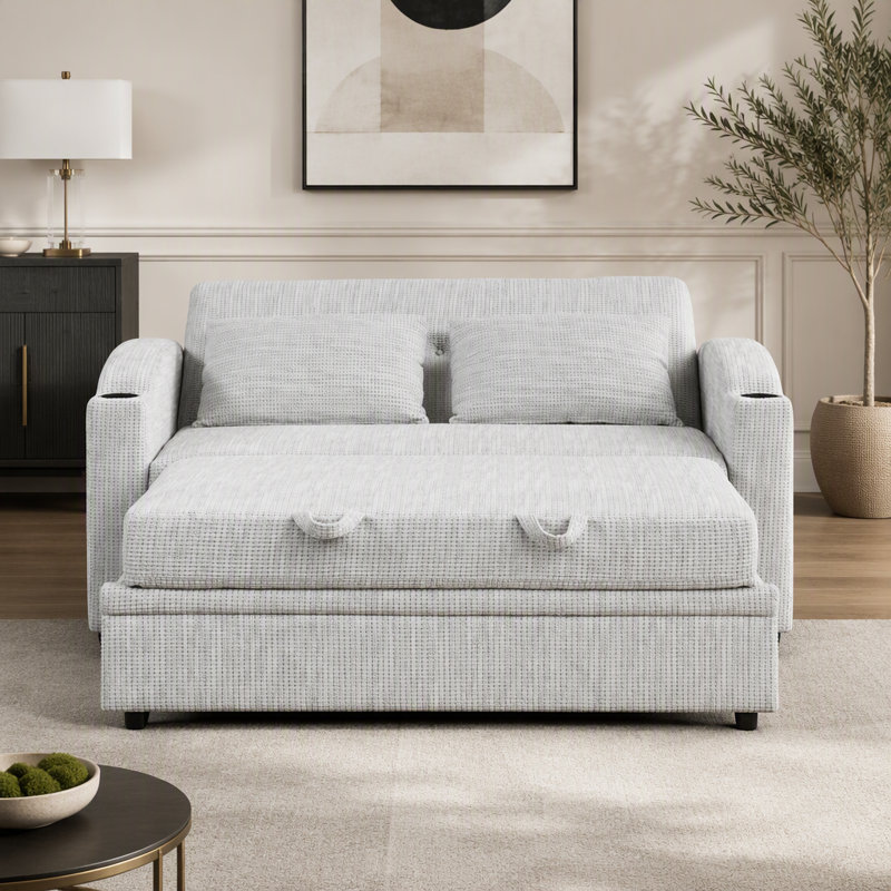 Canapé-lit convertible 61,6 po en chenille convertible moderne avec dossier réglable, 2 coussins, porte-gobelets, ports USB pour salon, appartement (ancien SKU: WF307725AAK), blanc gris
