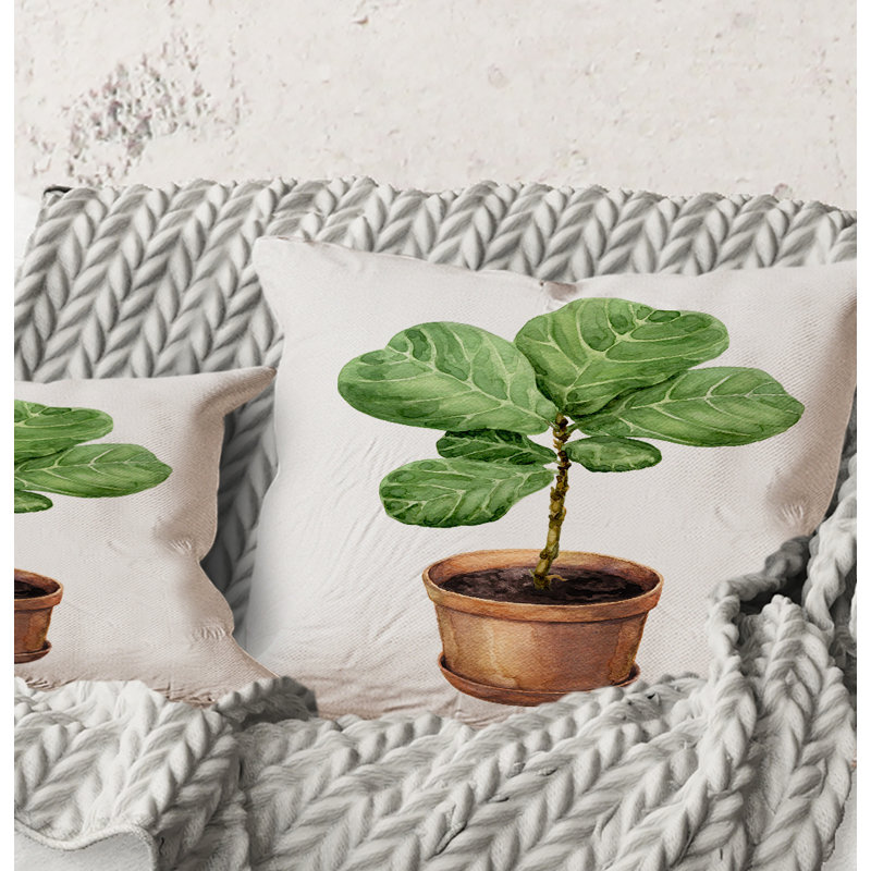 Carré, Ficus Lyre dans un pot de fleurs en argile - Coussin décoratif à imprimé traditionnel, 18" x 18"