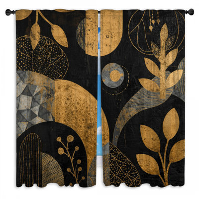 Gold Black Botanical Abstract Window Curtains Botanical Sheer & Room Darkening - 2 Panels