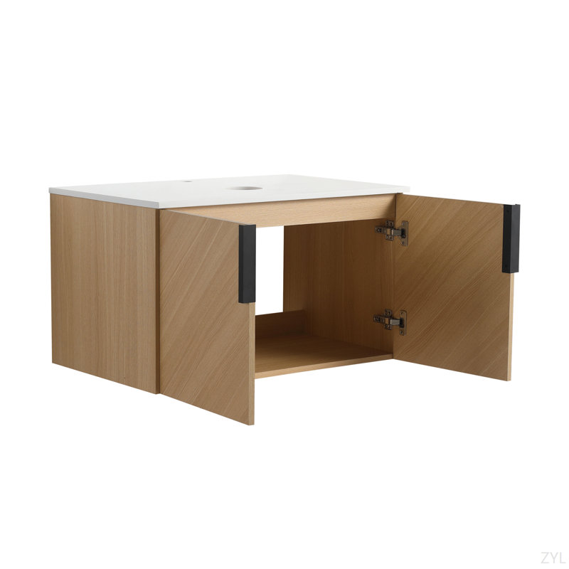 Meuble-lavabo de salle de bain avec dalle de pierre artificielle supérieure, 2 portes à fermeture douce, fixation murale, emballage KD (meuble-lavabo seulement, sans lavabo)