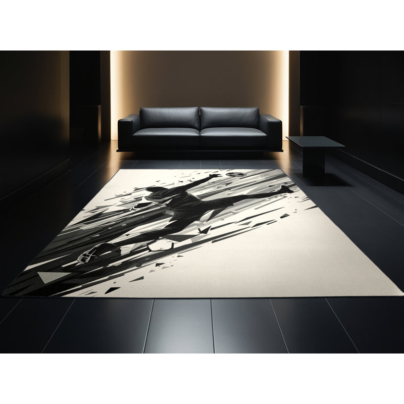 Machine Washable Aust Soccer Goalie Save Modern Geometric Rug in Beige – Black Binding, 6x9