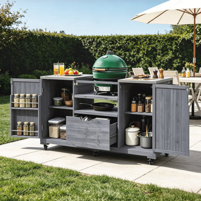 Outdoor Kitchen Island, Solid Rolling Bar Cart with Stainless Steel Top & Storage Cabinet Drawer for Large Big Green Egg, Kamado Joe