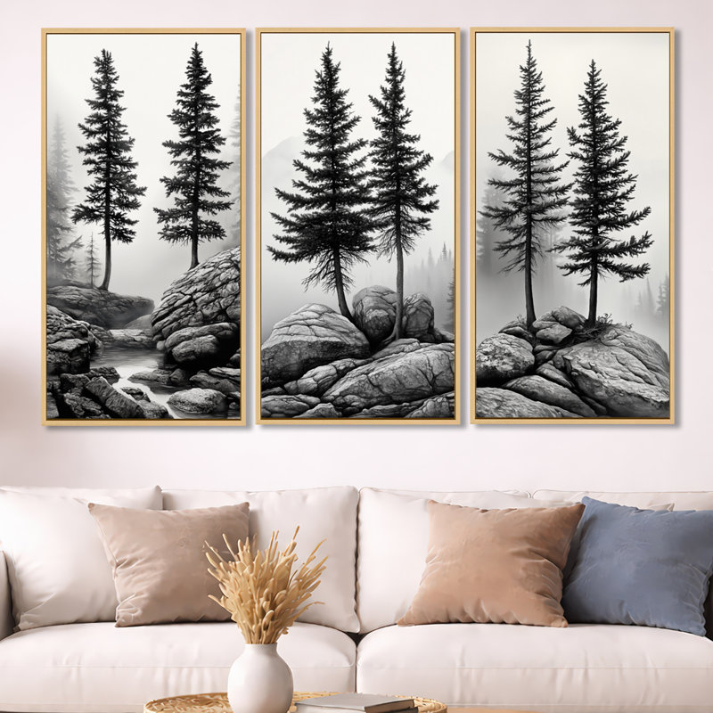 «Twin Pine Trees» par River Stream - Pine Trees, reproduction sur toile encadrée 3 pièces, 40" H x 60" W