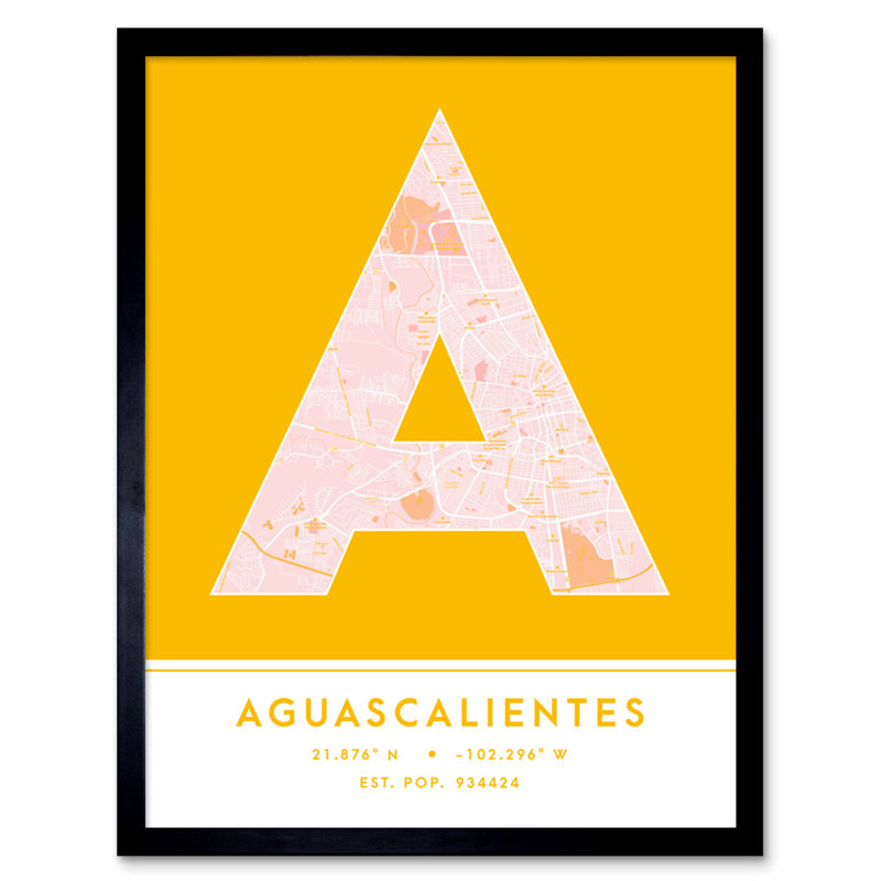 Aguascalientes City Map Aguascalientes Yellow - Single Picture Frame Typography