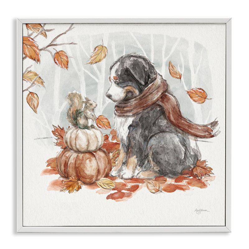 «Dog & Fall Pumpkins», art de la giclée encadrée par Mary Urban, Blanc, H 17 po x l 17 po