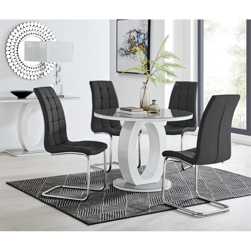 Scottsmoor Modern Halo Seat Round Dining Table Set - 4 Upholstered Faux Leather Dining Chairs, Black, Grey