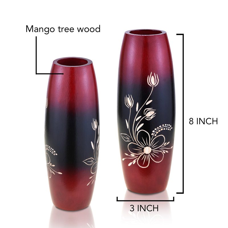 Handmade 8" Black and Faded Brown Mango Wood Vase Set