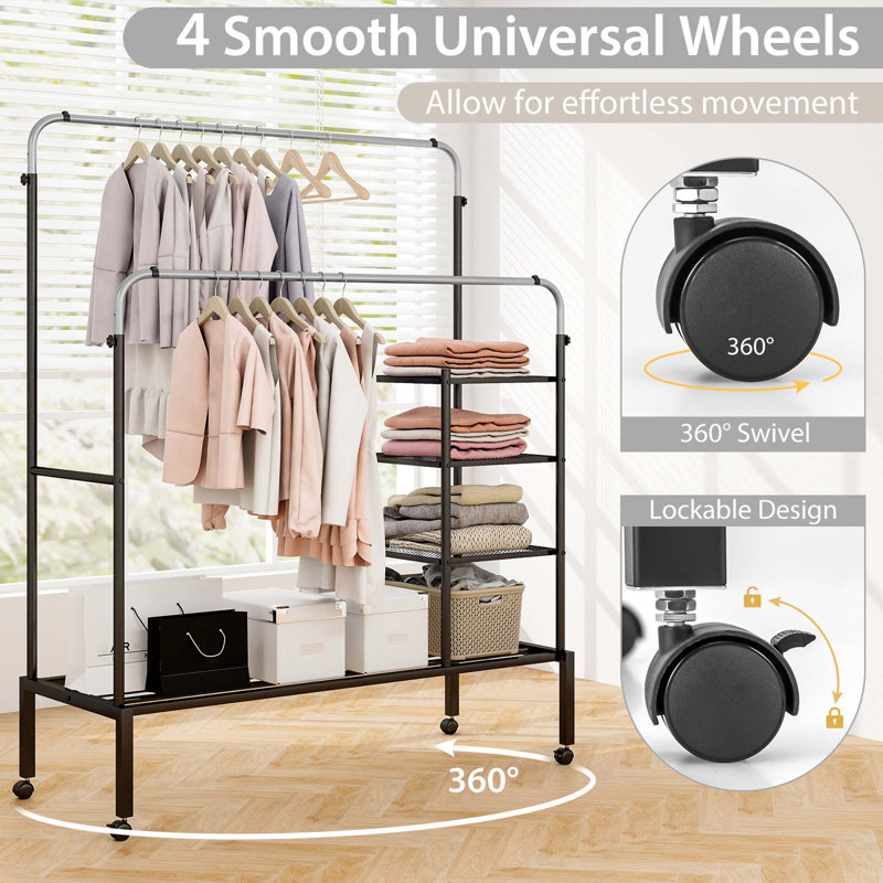 53'' Rolling Industrial Pipe Clothing Rack, Silver/Black