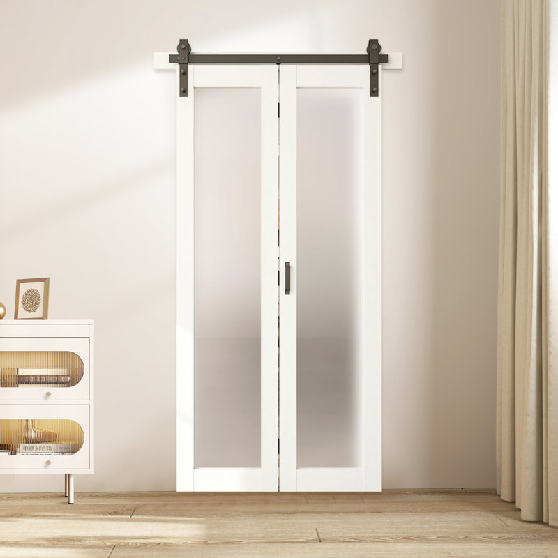 Portes de grange pliantes en verre givré blanc 1-Lite avec trousse de quincaillerie d'installation, 40 po x 84 po