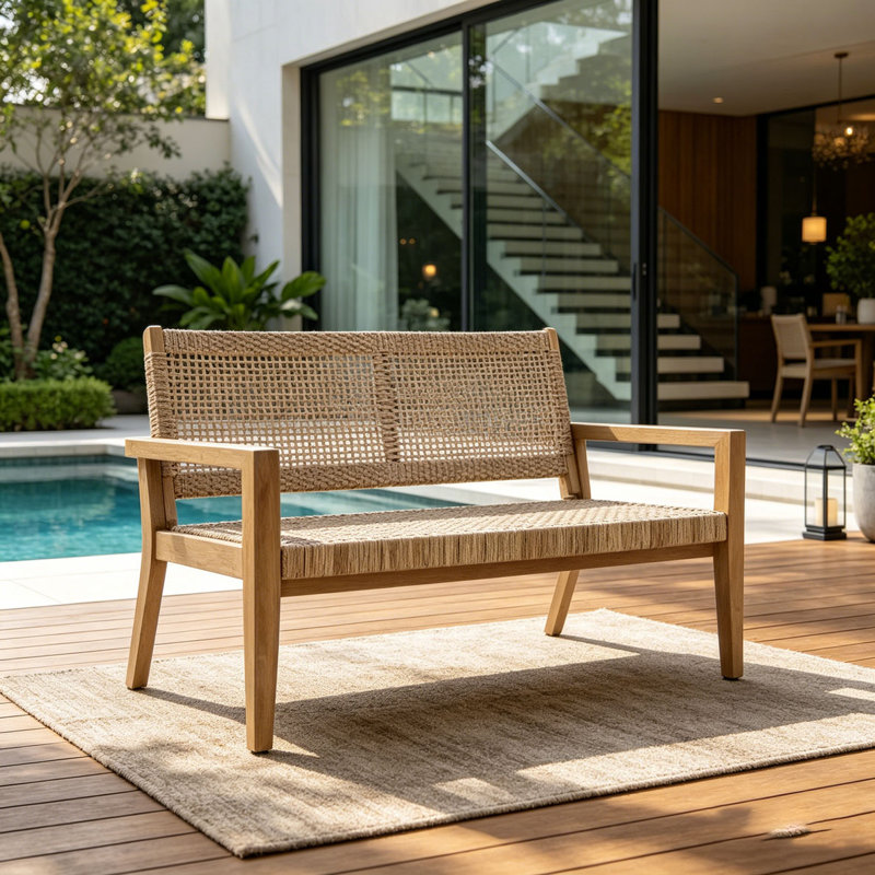 Outdoor Wicker and Acacia Wood Loveseat