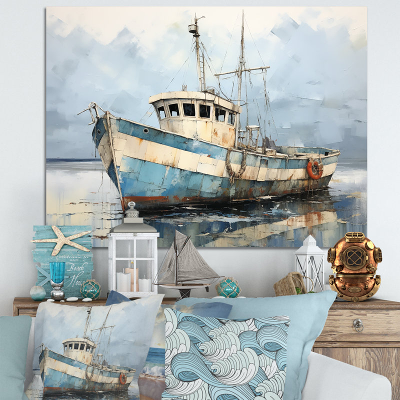 Bateau de pêche bleu et blanc - bateau côtier, art mural, H 30 po x l 40 po x P 1,5 po, Toile tendue