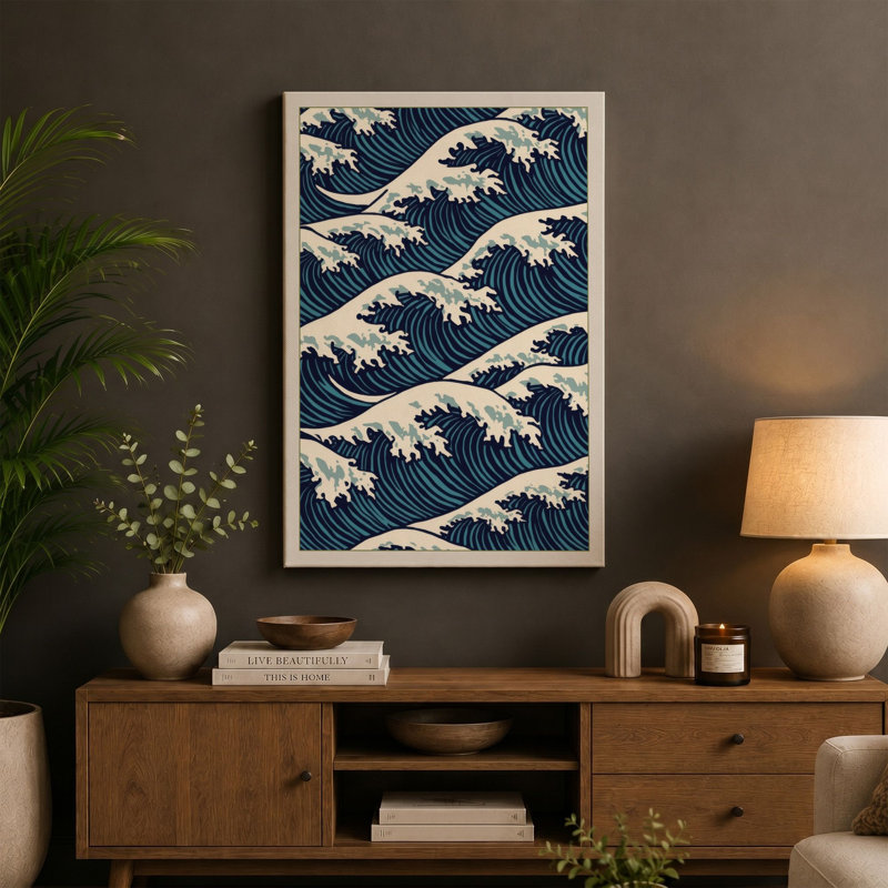 Rhythmic Waves Japandi - Wrapped Canvas, 18x12 - 45.7 x 30.5 cm, Taupe Border