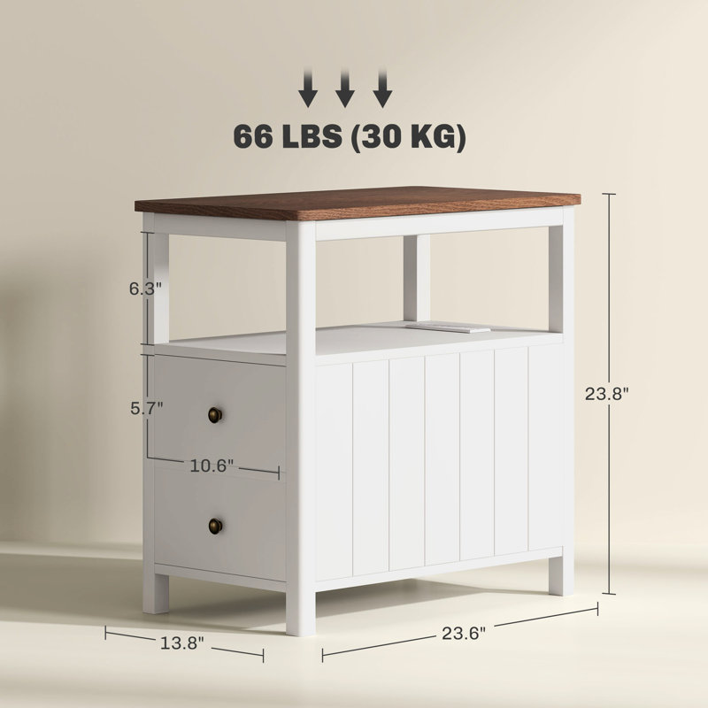 Table d'appoint blanche avec fonction de chargement, ports, tiroirs et tablette pour le salon, station latérale attrayante - Rangement compact à extrémité étroite