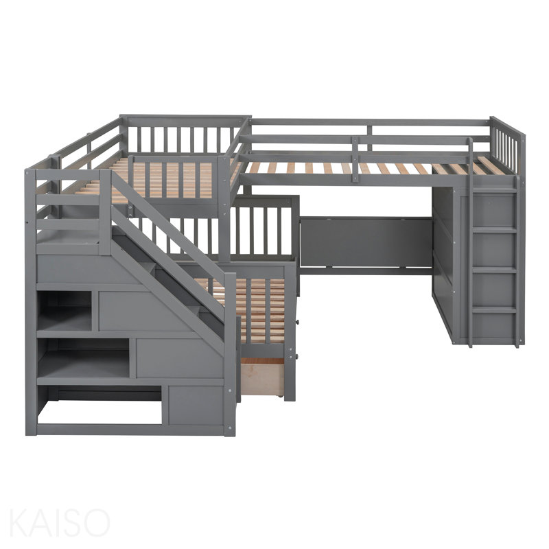 Structure de lit superposé simple en forme de L simple avec 3 tiroirs, bureau portable et rangement pour garde-robe intégré