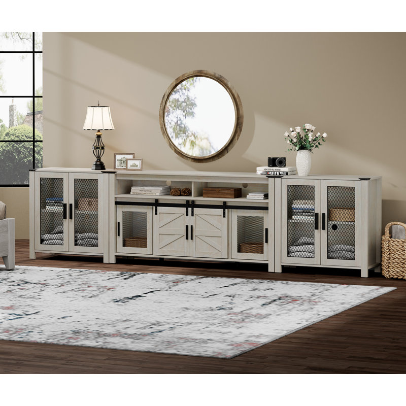 2 In 1 Tv Stand Set For Ups To Tv,Farmhouse Entertainment Center With Sliding Barn Door,Antique White