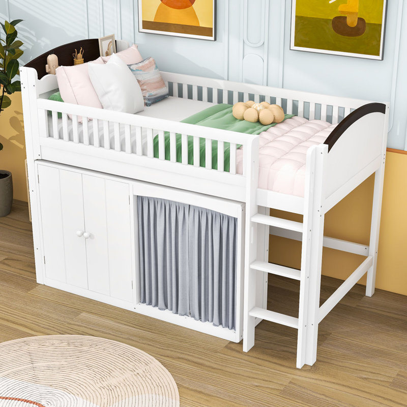 Loft Bed with Cabinet, Wardrobe and LED, Twin, White/Espresso