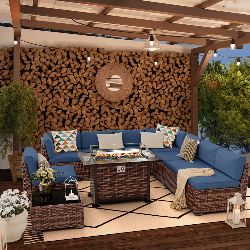 Avamay Rattan Sectional Seating Group with Cushions, Navy Blue Performance Microfiber, Yes