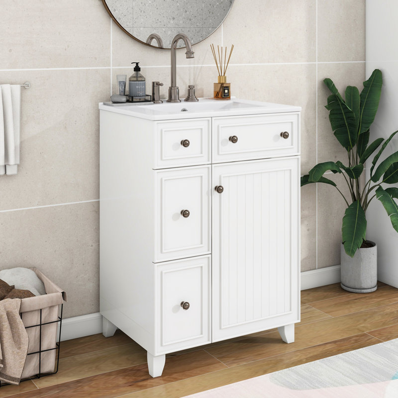 24-Inch Bathroom Vanity Cabinet With Ceramic Sink, Bathroom Vanity, White/Brown
