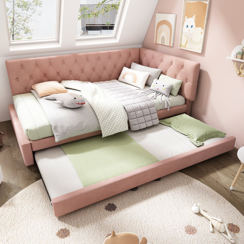 Upholstered Daybed with Trundle, Pink