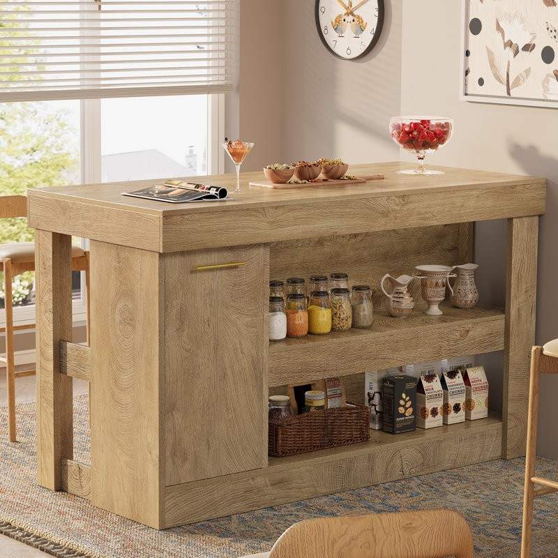Îlot de cuisine avec armoire de rangement pour poubelles, grande table de préparation de 55 pouces avec tablette à 2 niveaux