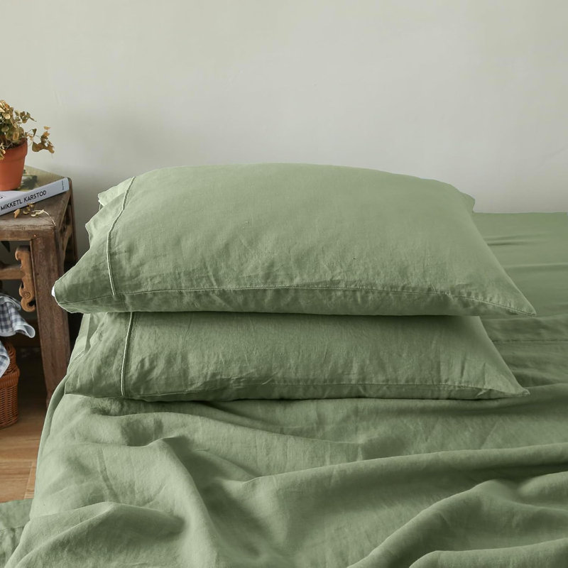 100% French Linen Pillowcase Set Of 2- Washed Solid Color Pillow Cases Embroidered, Sage Green, Queen Pillow Case