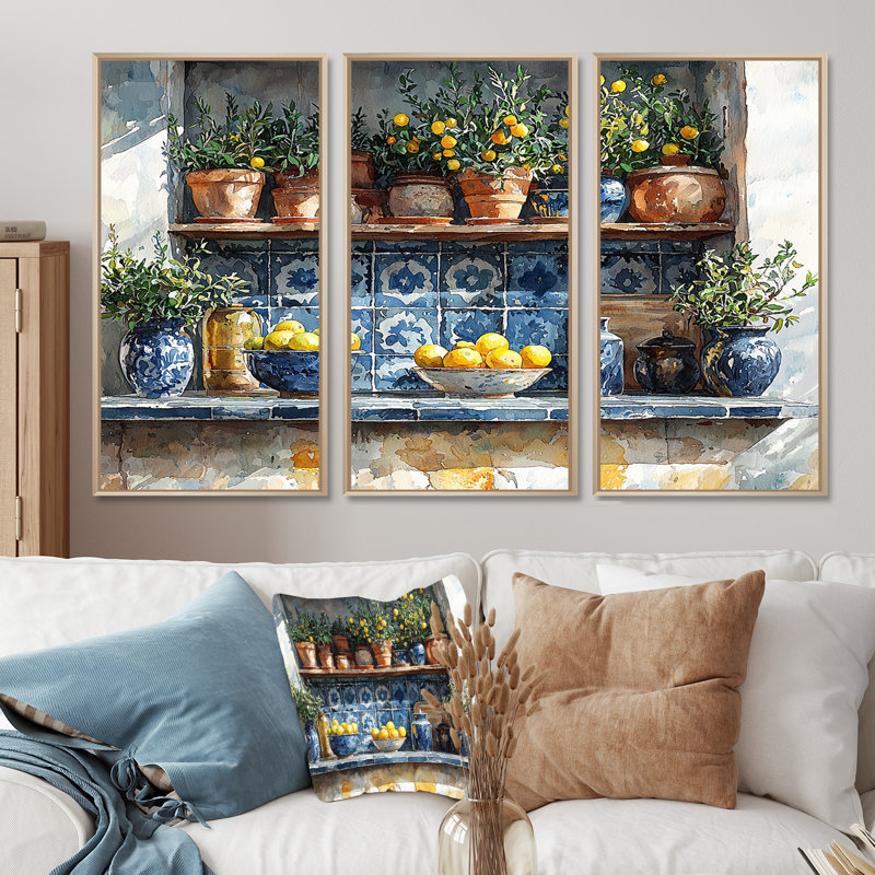 Blue and Yellow Kitchen Greek Kitchen - Ensemble de salon d'art mural de cuisine, Toile naturelle avec cadre flottant