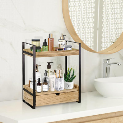 Organisateur de comptoir de salle de bain rustique à 2 niveaux avec tiroir, tablette de rangement en bois et en métal pour la cuisine, le bureau et la salle de bain, 13,2 po x 6,9 po x 15,8 po