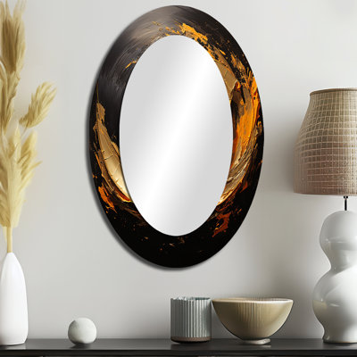 Spirale rétro, peinture dorée sur fond noir IV - Miroir décoratif abstrait ovale sur métal