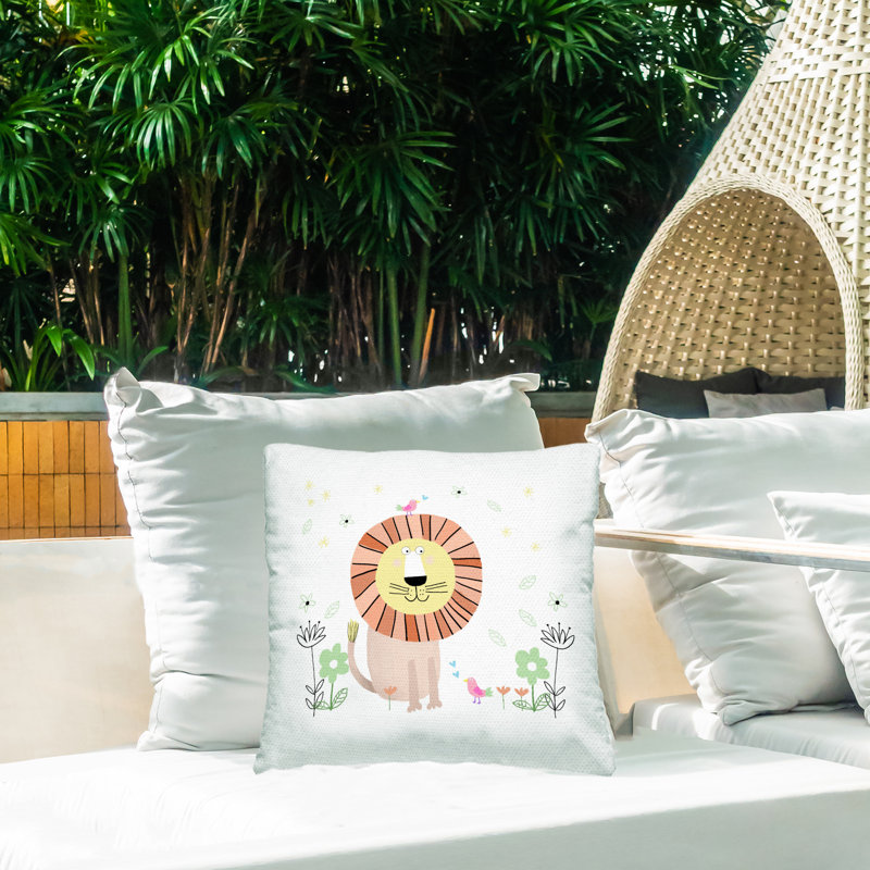 Coussin extérieur Floral Baby Lion Illustration, par Carla Daly, Animaux oranges 58, Carré 18 po
