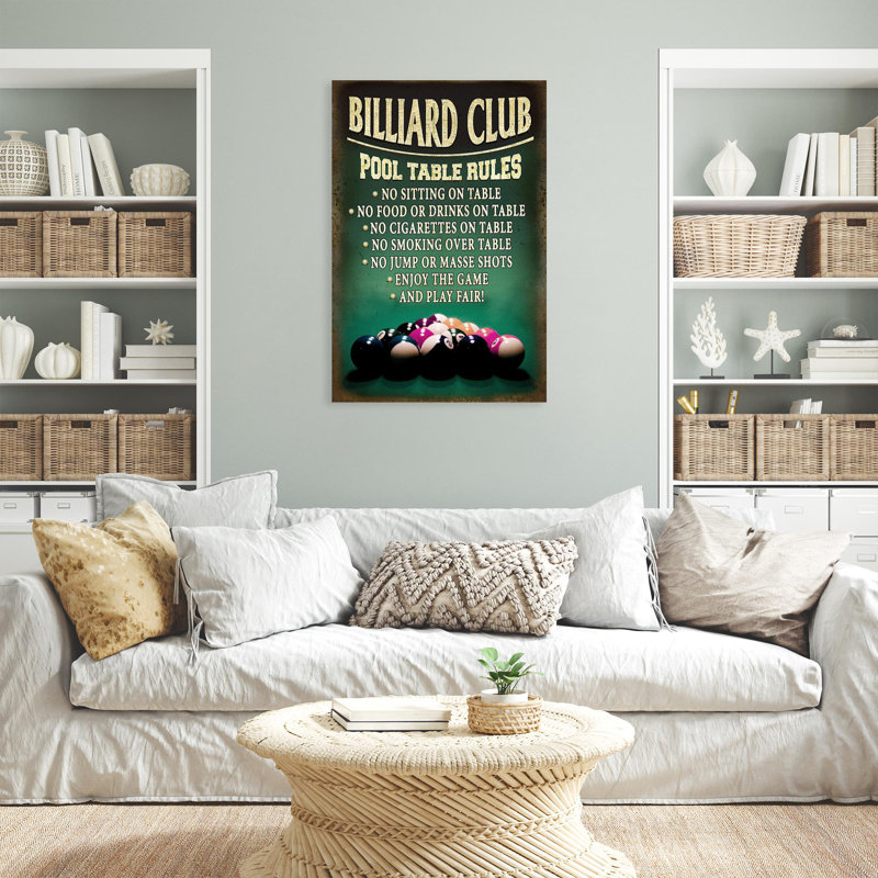 Billiard Club Balls - Pool Table Rules, No Sitting On Table - 1 Piece Rectangle Graphic Art Print On Wrapped Canvas