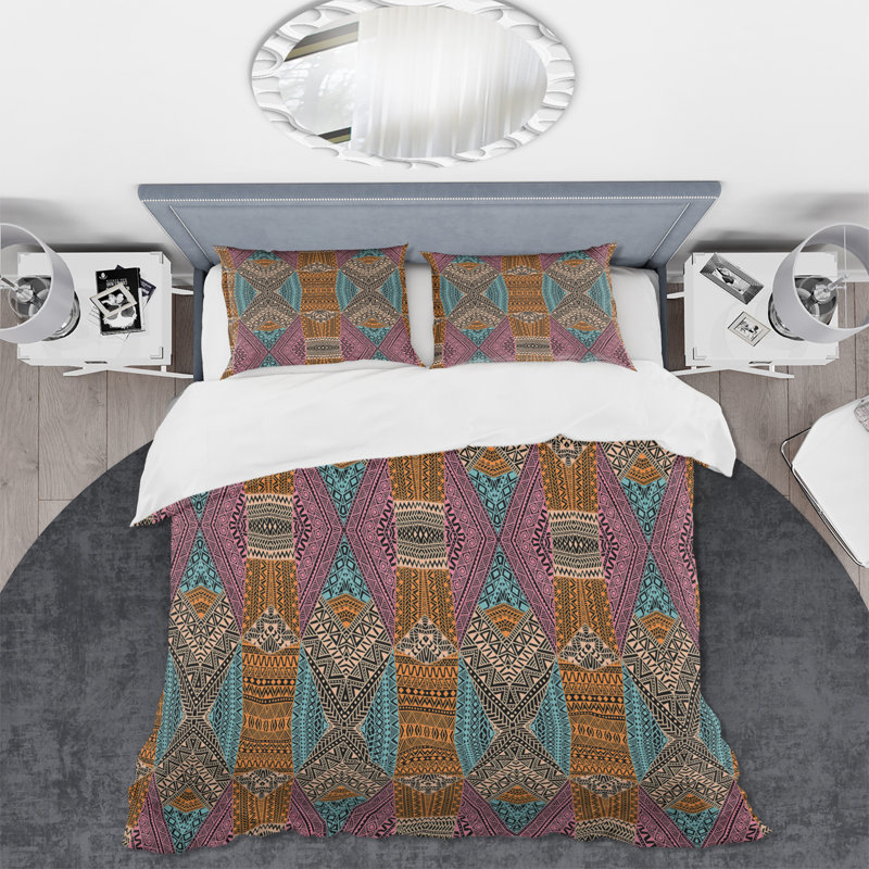 Ensemble de housse de couette bohémien bleu, orange, bleu et rose - polyester en microfibre