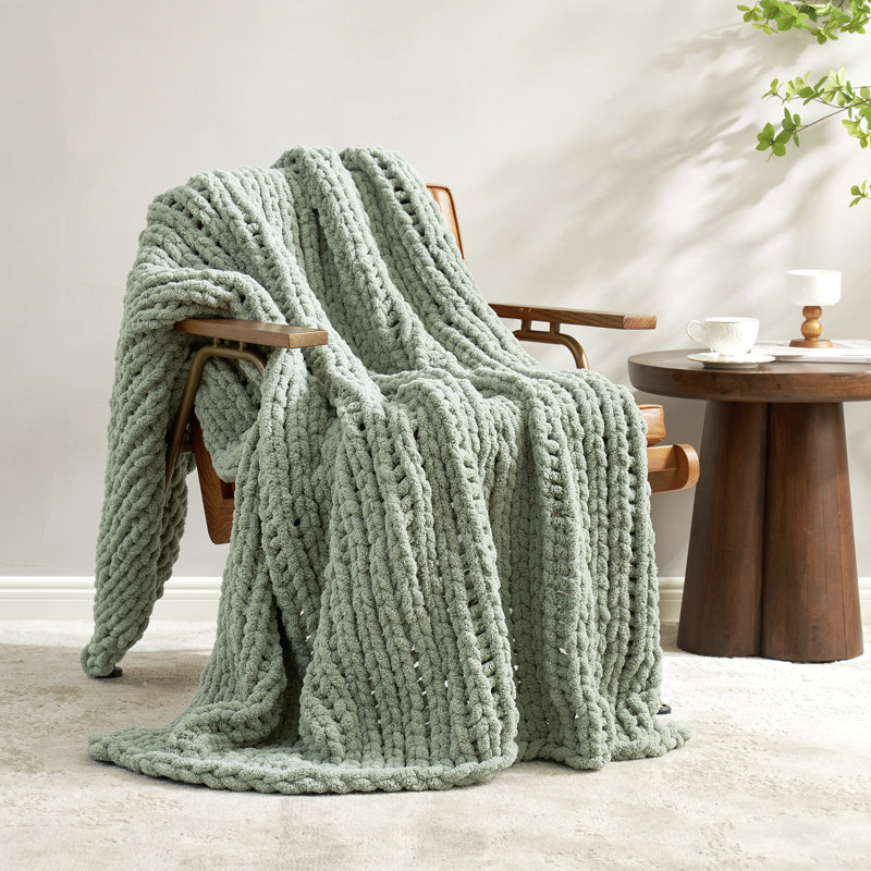  Jeté épais en chenille tricoté à la main pour canapé, lit et canapé, L 50 po x L 60 po, Vert sauge