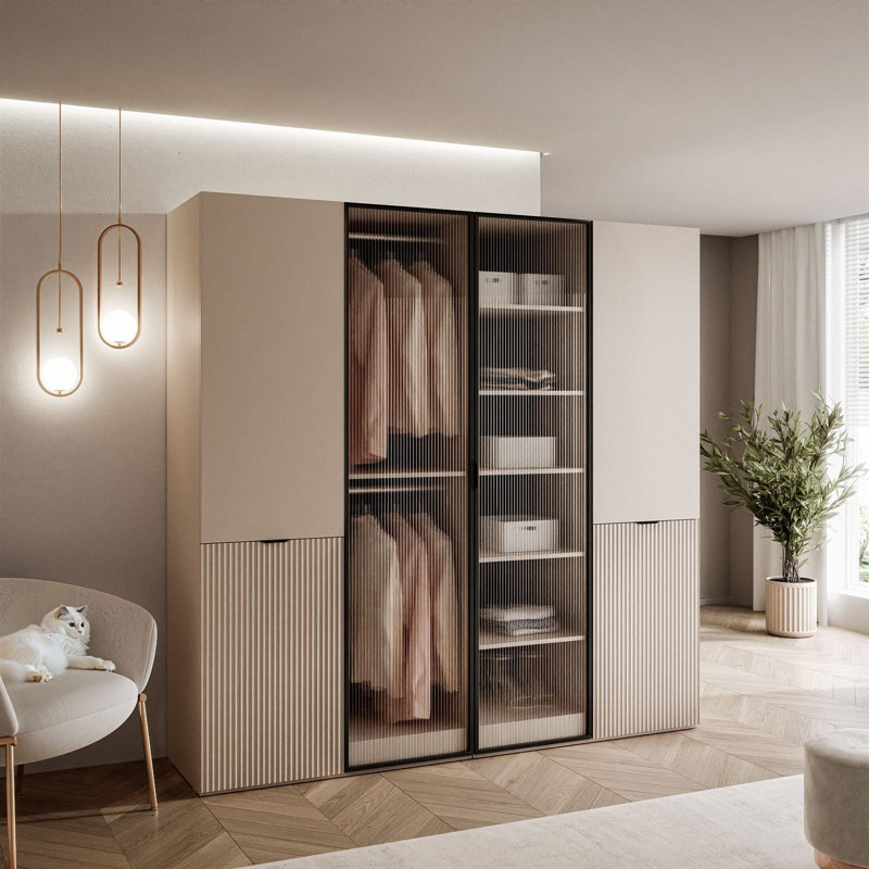 Manufactured Wood Wardrobe, Sandy Beige/Fluted Glass