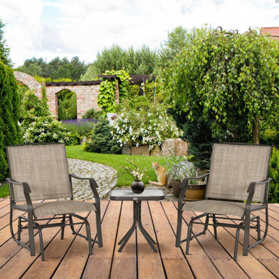 Ensemble de chaises coulissantes 3 pièces avec table basse, toile respirante et plateau en verre pour patio, cour et jardin