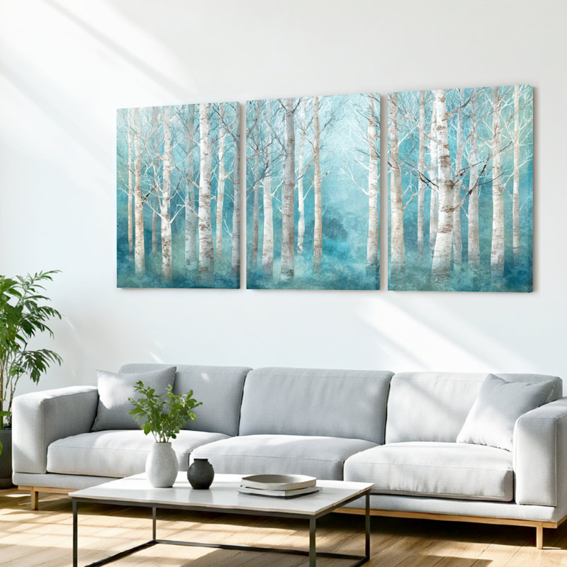 «Birch Tree Forest Blue Mist», reproduction d'art sur toile tendue sur toile, ensemble de 3, H 24 po x l 48 po
