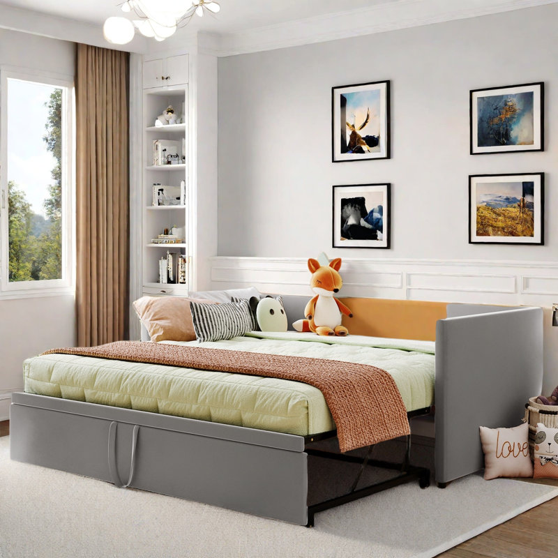 Upholstered Daybed With Pop Up Trundle, Gray