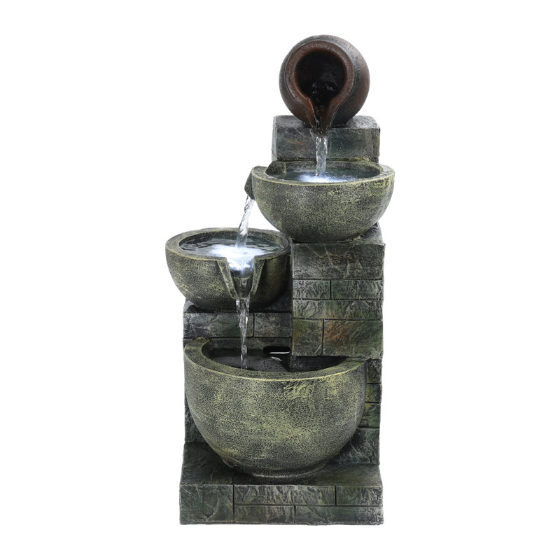 23.6" 4-Tiers Outdoor Garden Water Fountain, Cascading Bowls and Stacked Stones Outdoor Water Fountain, Outside Patio Water Features Fountain with LED Light, without Atomizer
