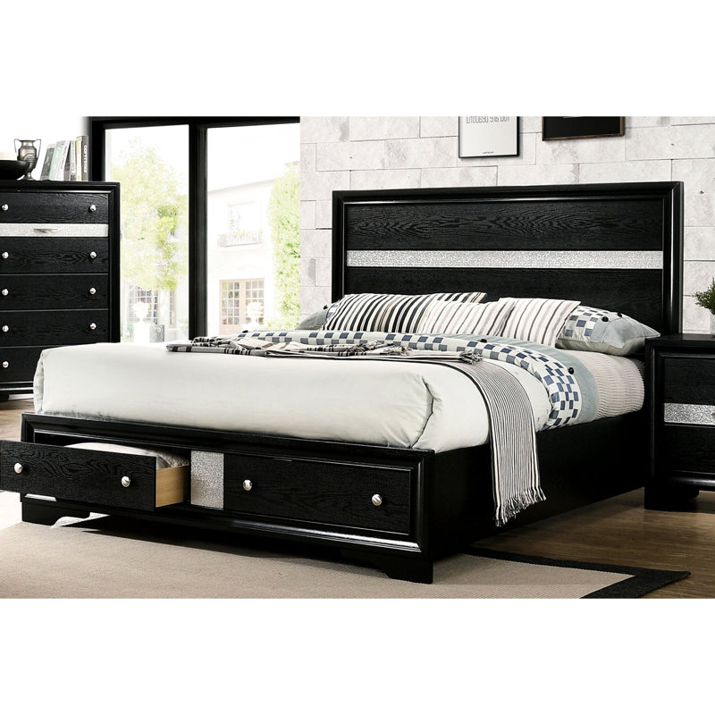 Lit double contemporain en bois massif noir avec rangement pour rangement dans la chambre à coucher, caractéristique