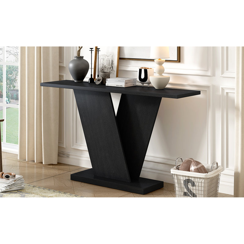 Console Table With Natural Veneer, Elegant Minimalist Style For Office, Broad Tabletop Display, Robust V-Base, Simple Installation Process Wood Contemporary Style, Spacious Assembly