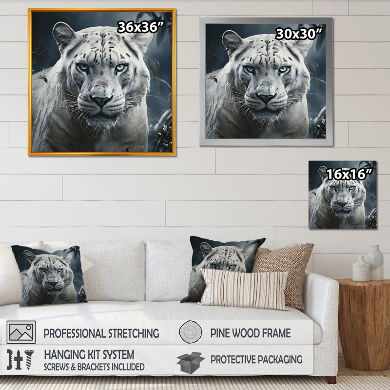 Léopard blanc et gris dans la jungle - art mural animal léopard / guépard, Cadre flottant brun, H 30 po x l 30 po x P 1,5 po