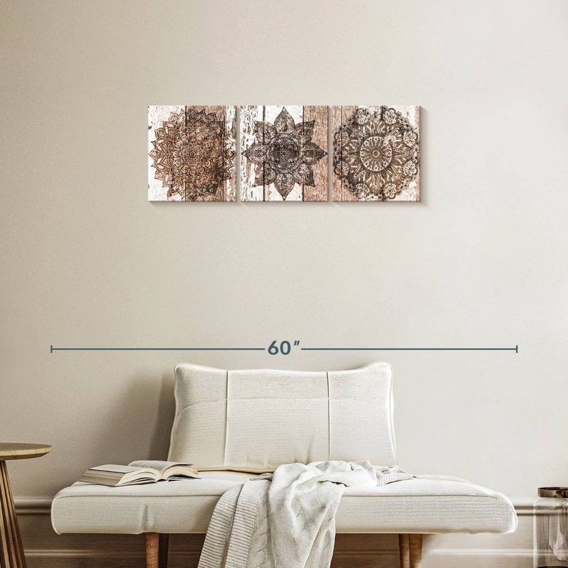 Ensemble de 3 mandalas sur bois sur toile, H 12 po x l 38 po x P 1,25 po