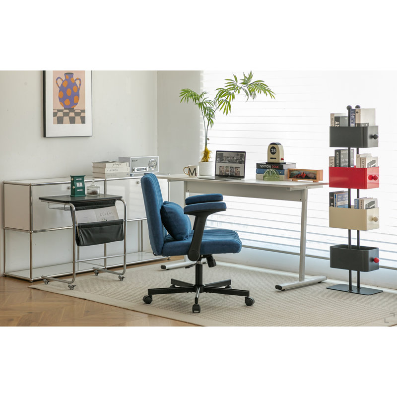 Chaise de bureau moderne en lin bleu avec accoudoirs croisés - Détails du produit