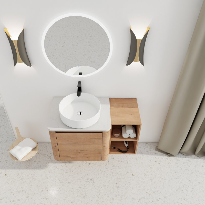 Meuble-lavabo mural contemporain avec lavabo d'art en céramique, Blanc, 36"
