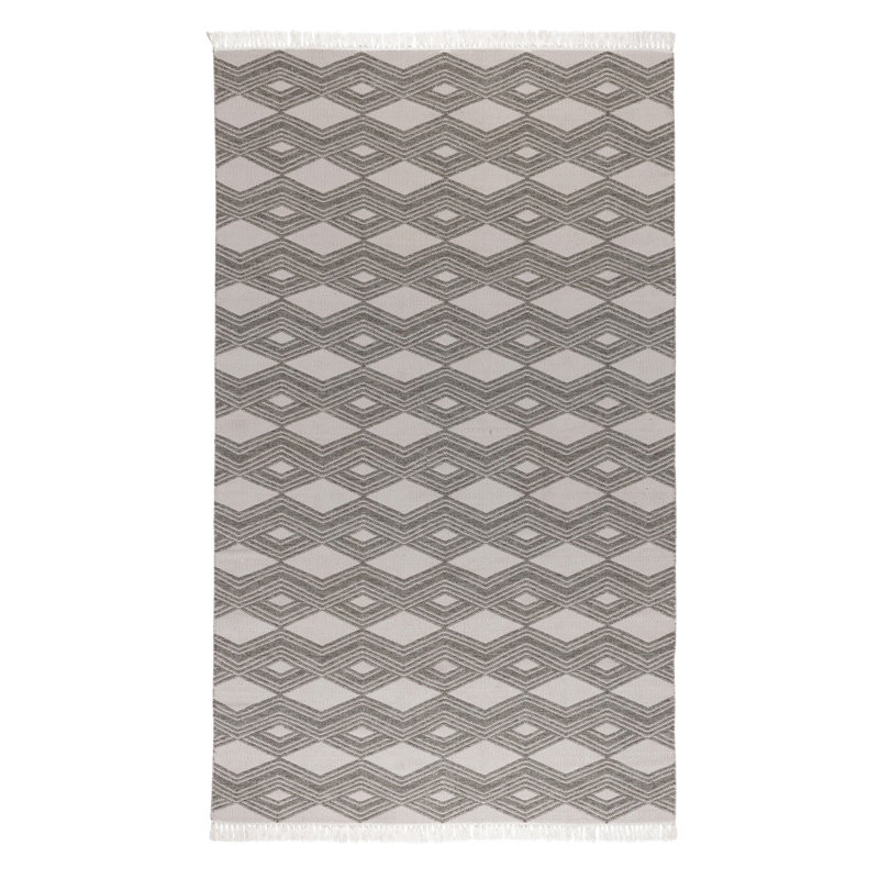 Maya Indoor Outdoor Area Rug, Pebble Gray, Handwoven Diamond, Fringe, Gray, Rectangle 8' x 10'