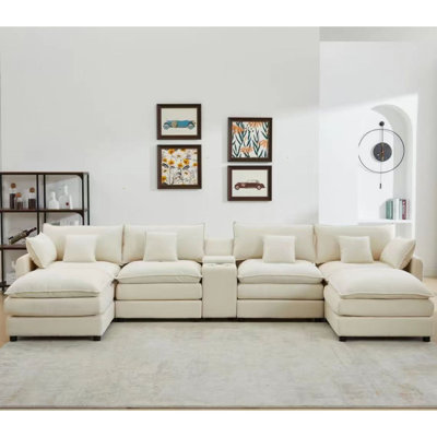 148Inch Sevenpiece Sofa Set, With A Center Console, Coffee Table And Six Pillows, Suitable For Spacious Living Rooms And Meeting Rooms.