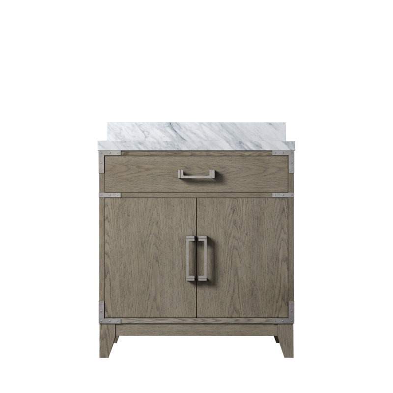Plateau de meuble-lavabo simple Laurel, Chêne gris, Marbre de Carrare blanc, 30"