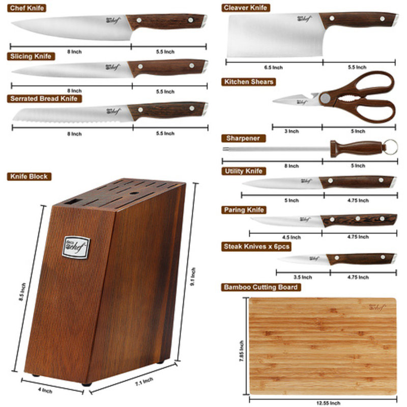 Deco Chef 16-Piece Stainless Steel Knife Set with Wood Handles